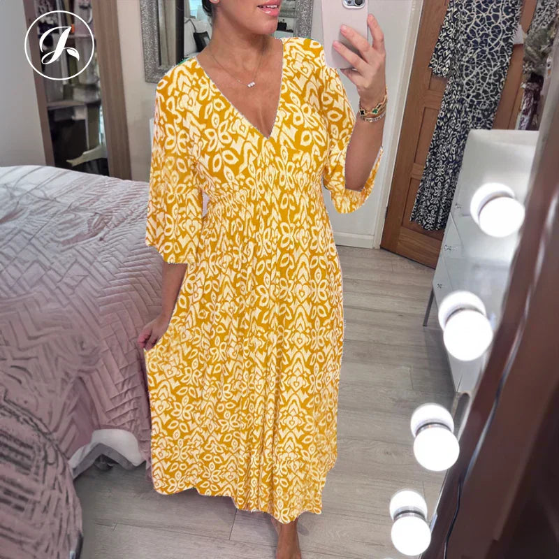 Bohemian Wrap Dress V-neck Waist Tie Casual Long Dress