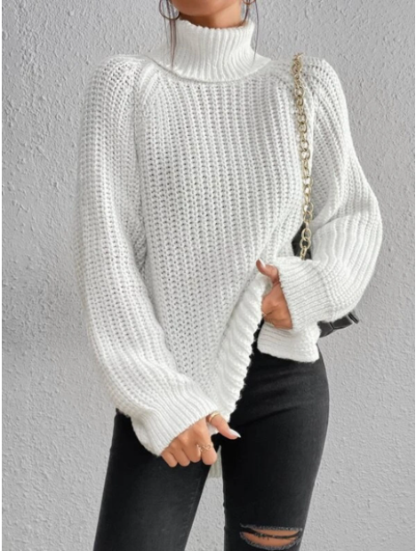 Cotton Turtleneck Sweater With Raglan Sleeves And Split Hem
