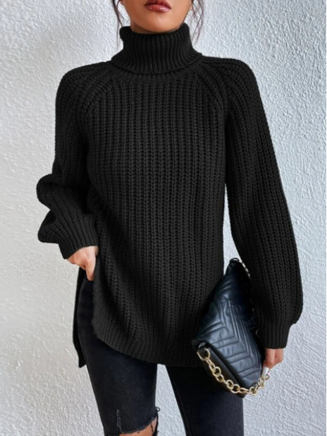 Cotton Turtleneck Sweater With Raglan Sleeves And Split Hem