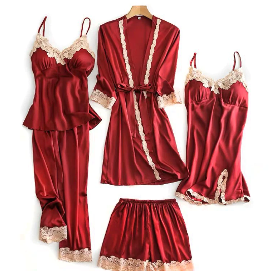 5 Piece Ice Silk Pajamas Set Comfortable Soft Silk Pajamas