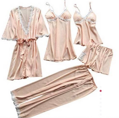 5 Piece Ice Silk Pajamas Set Comfortable Soft Silk Pajamas