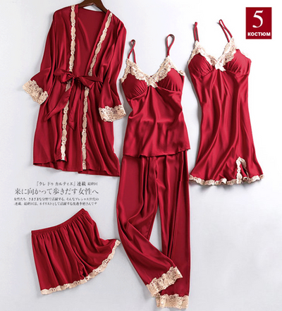5 Piece Ice Silk Pajamas Set Comfortable Soft Silk Pajamas