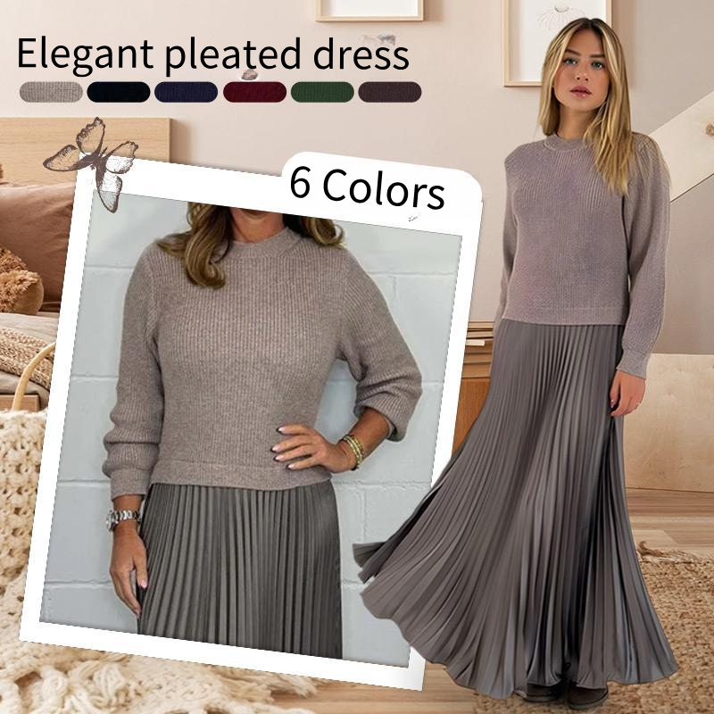 Women's Long Sleeve Jumper Dress With Pleated Bottom Solid Color