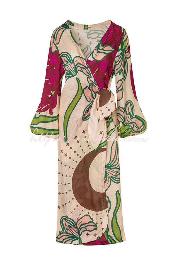Tracey Unique Print Linen Blend Maxi Dress With Balloon Sleeves