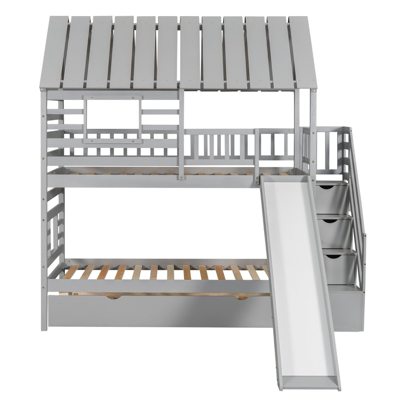 Twin House Bunk Bed With Roof Window Trundle Slide Storage Staircase