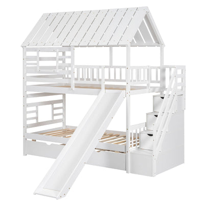 Twin House Bunk Bed With Roof Window Trundle Slide Storage Staircase