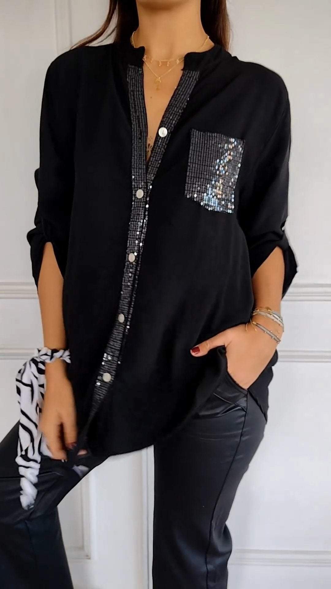 Cotton V-neck Sequin Top Mid Sleeve Casual Stylish Shirt