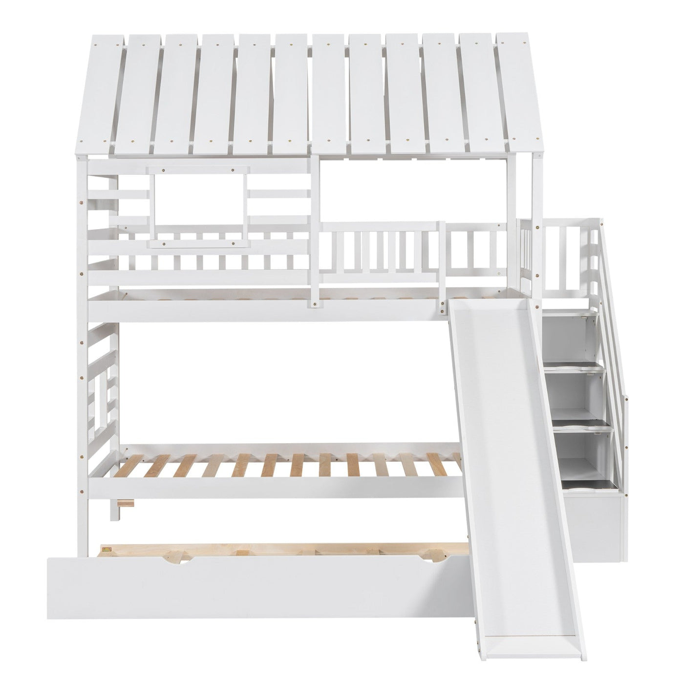 Twin House Bunk Bed With Roof Window Trundle Slide Storage Staircase