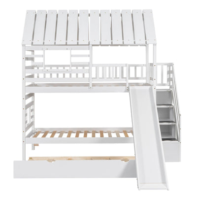 Twin House Bunk Bed With Roof Window Trundle Slide Storage Staircase
