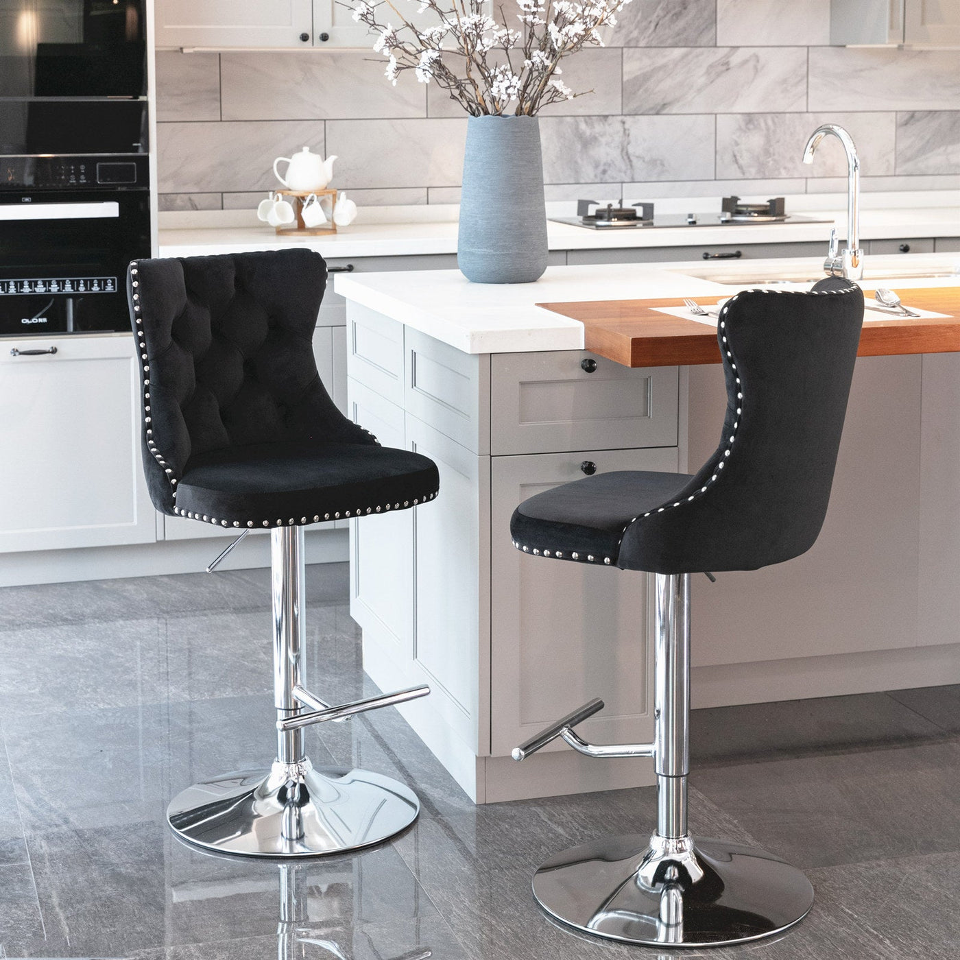 Modern Chrome Bar Stools With Upholstered Backs Set Of 2