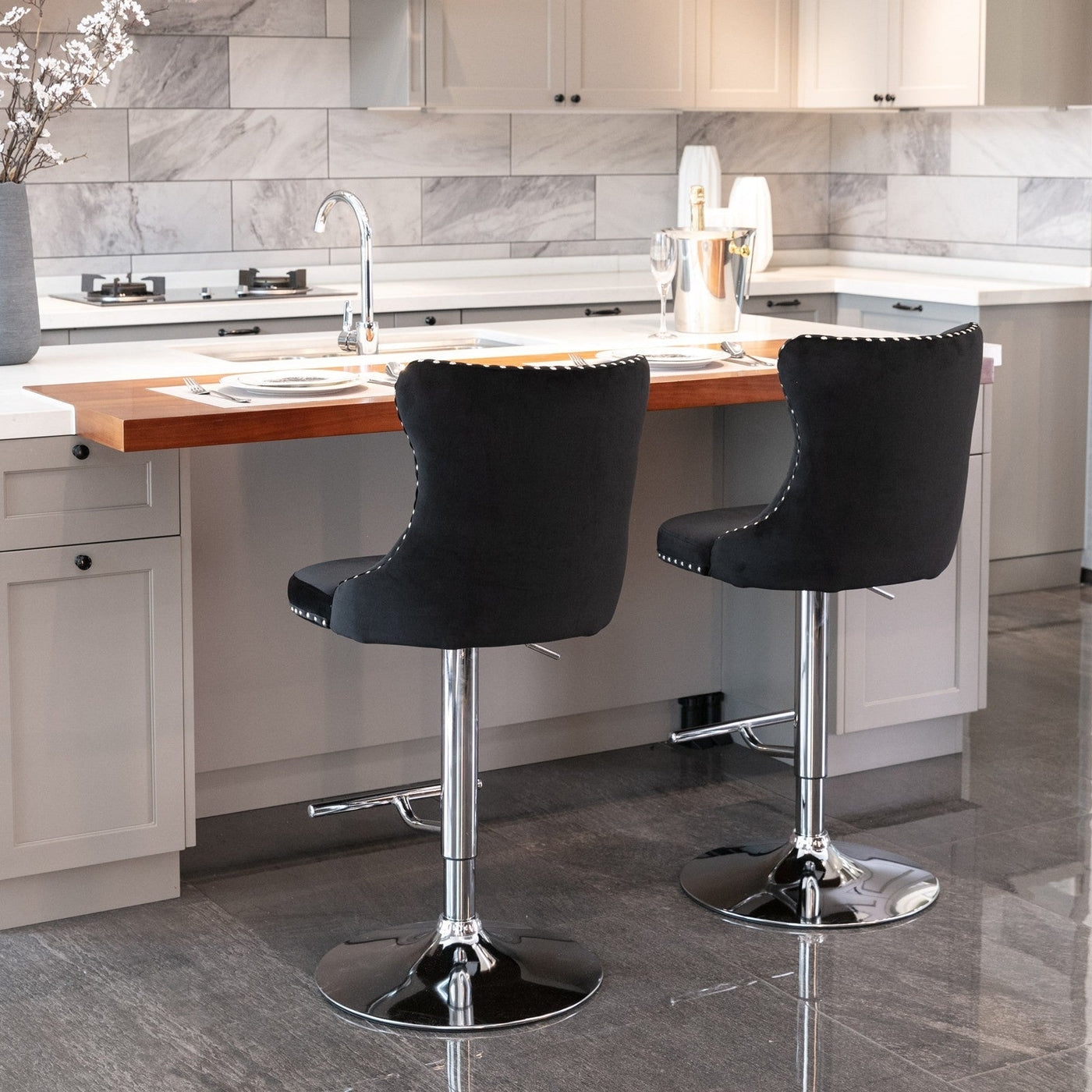 Modern Chrome Bar Stools With Upholstered Backs Set Of 2