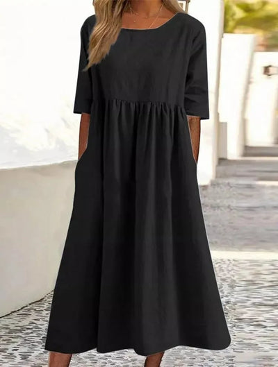 Women's Casual Cotton Dress Smocked Pocket Crew Neck Outdoor