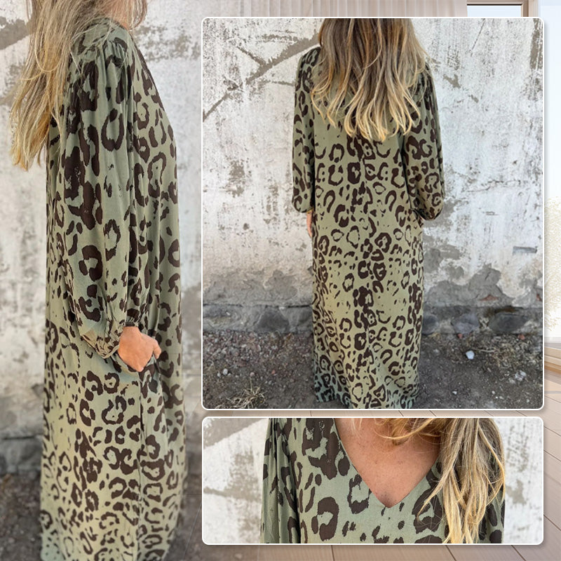V-neck Printed Flowy Dress With Stylish Pockets For Women