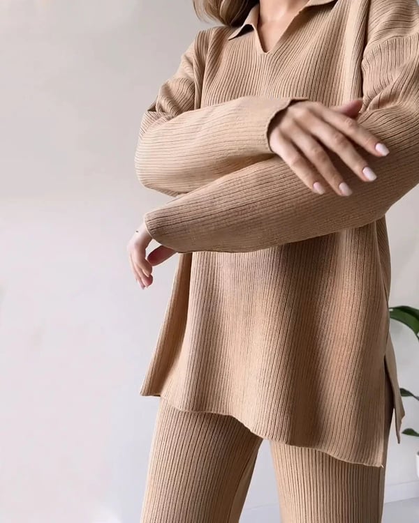 V Neck Casual Slit Knitted Two Piece Set For Women