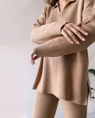 V Neck Casual Slit Knitted Two Piece Set For Women