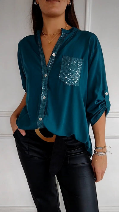 Cotton V-neck Sequin Top Mid Sleeve Casual Stylish Shirt
