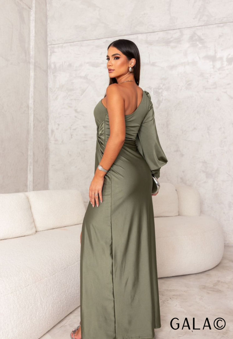 Gala One Shoulder Pleated Dress With Long Sleeve Elegant Design