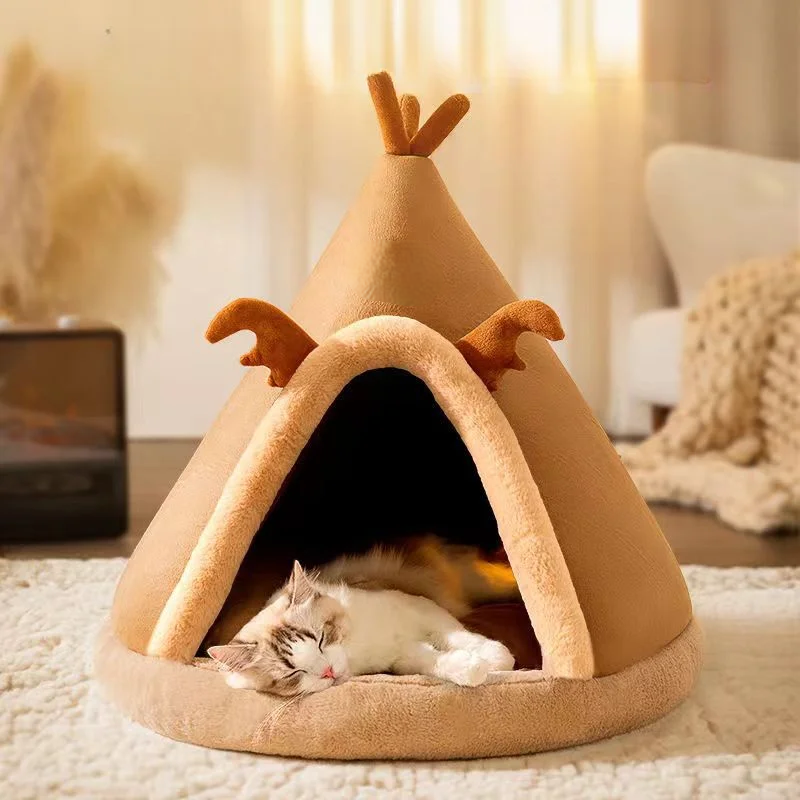 Triangle Pet Tent Bed With Plush Mattress For Dogs And Cats