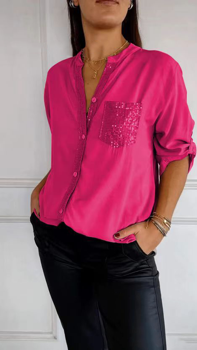 Cotton V-neck Sequin Top Mid Sleeve Casual Stylish Shirt