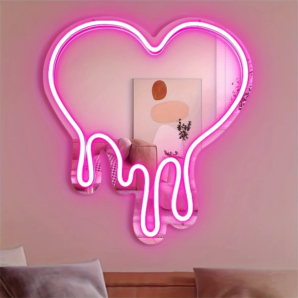 LED Melting Heart Neon Sign Pink Mirror Wall Light Romantic Decor