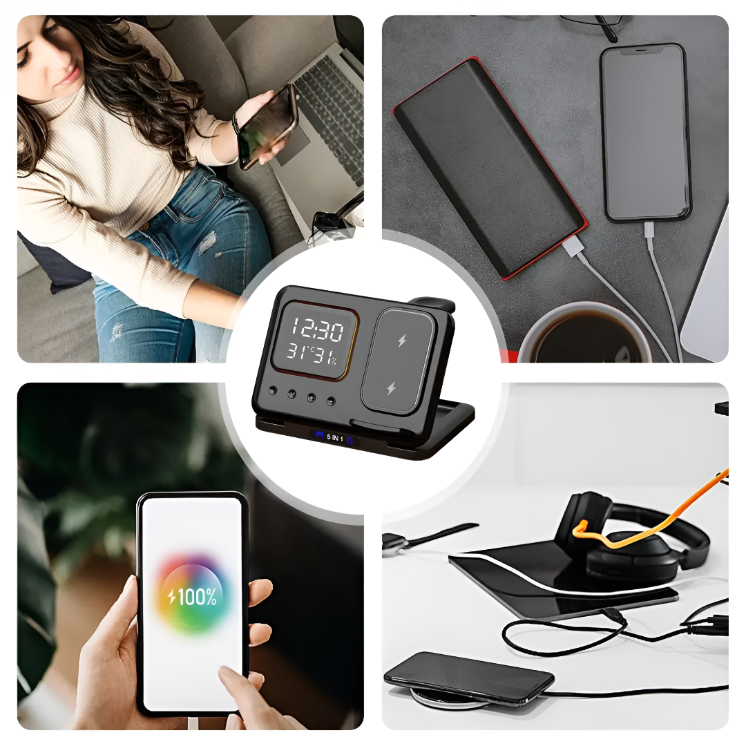 Wireless Charging Station With Digital Clock And USB Ports
