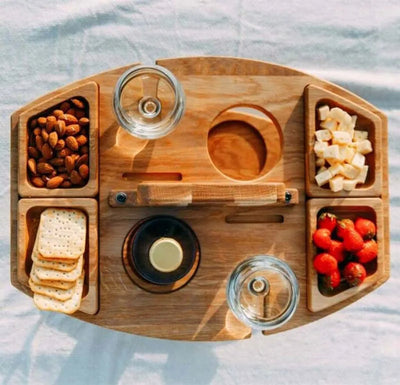 Foldable Wooden Wine Picnic Table Round Outdoor Snack Tray With Holders