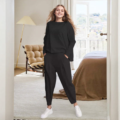 Round-Neck Long Sleeve 2-Piece Loungewear Set For Women