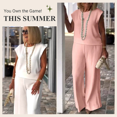 Women's Sleeveless Top And Pants Set Crew Neck Stylish Outfit