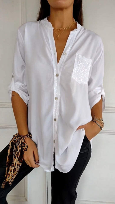 Cotton V-neck Sequin Top Mid Sleeve Casual Stylish Shirt