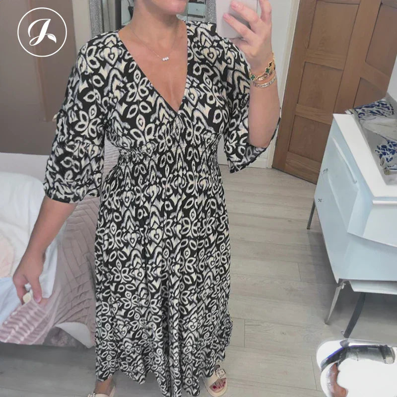 Bohemian Wrap Dress V-neck Waist Tie Casual Long Dress