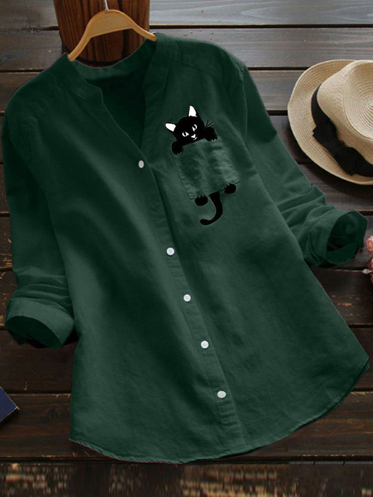 V-neck Long Sleeve Blouse With Cute Cat Print Design