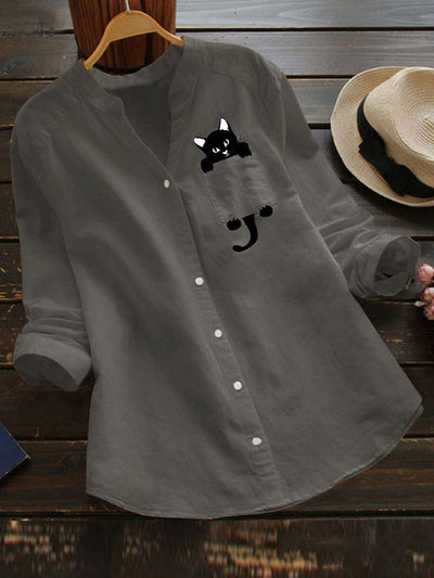 V-neck Long Sleeve Blouse With Cute Cat Print Design