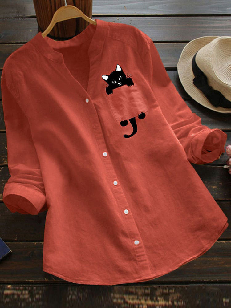 V-neck Long Sleeve Blouse With Cute Cat Print Design