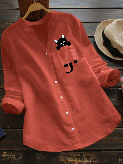V-neck Long Sleeve Blouse With Cute Cat Print Design