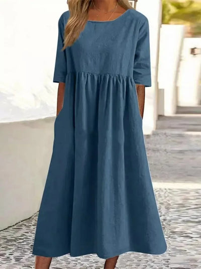 Women's Casual Cotton Dress Smocked Pocket Crew Neck Outdoor