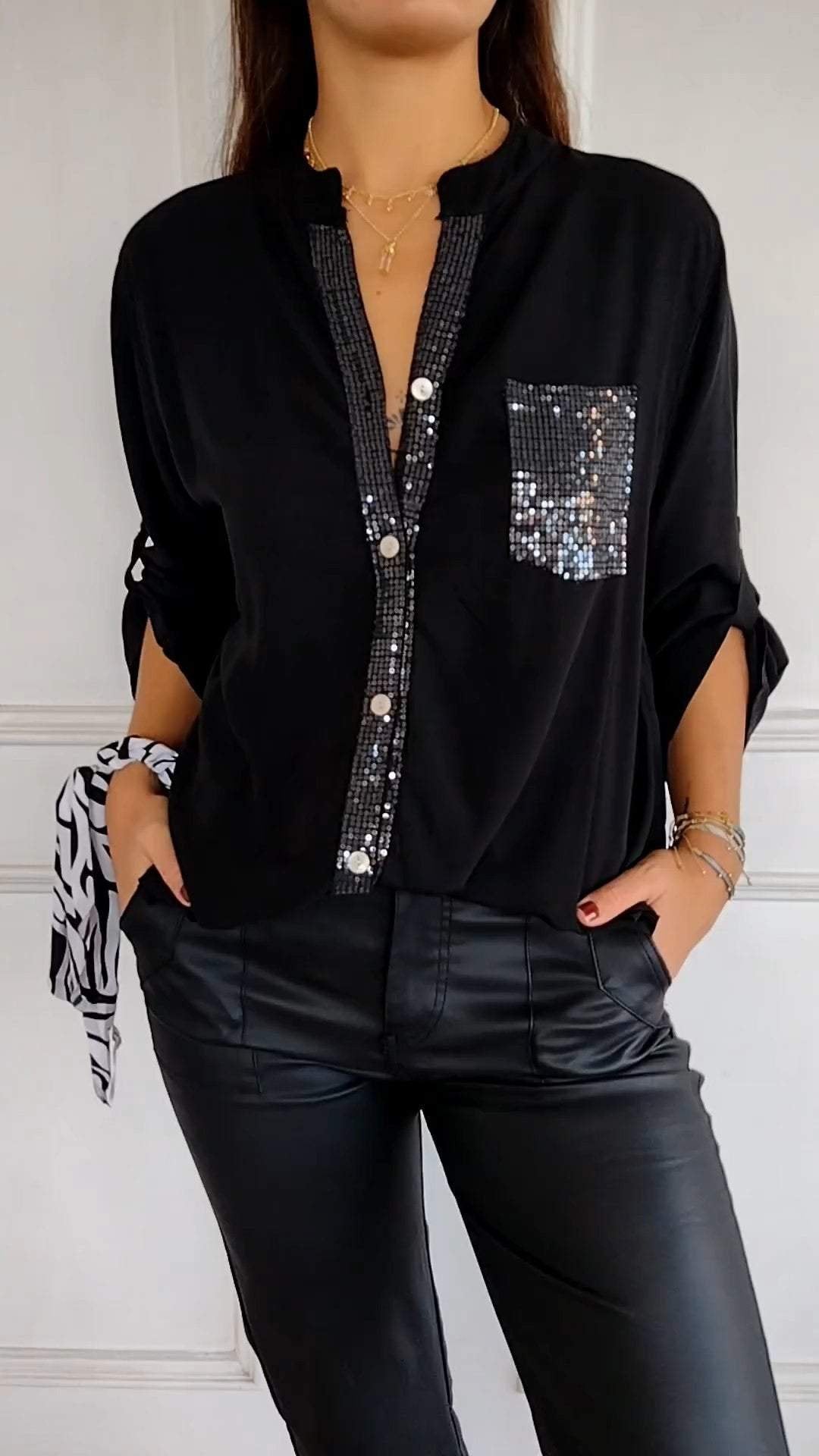 Cotton V-neck Sequin Top Mid Sleeve Casual Stylish Shirt