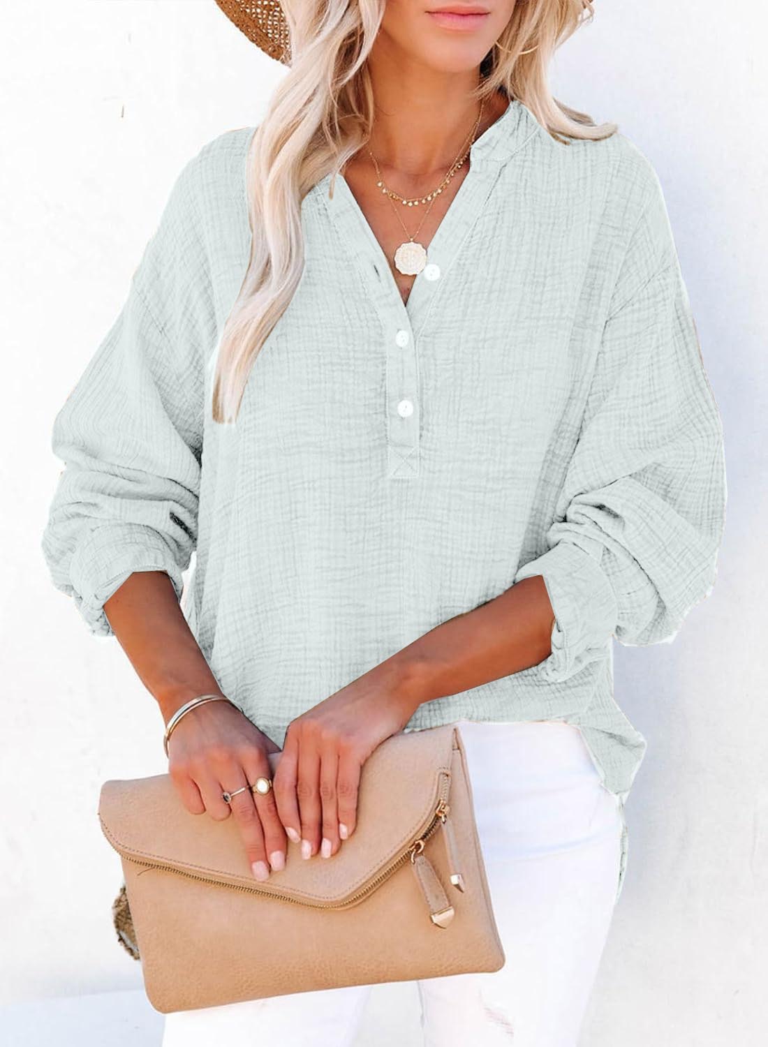 Womens Gauze Blouse Casual Button Neck Long Sleeve Oversized