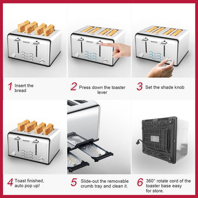 Geek Chef 4 Slice Stainless Steel Toaster Extra-Wide Slots Dual Controls