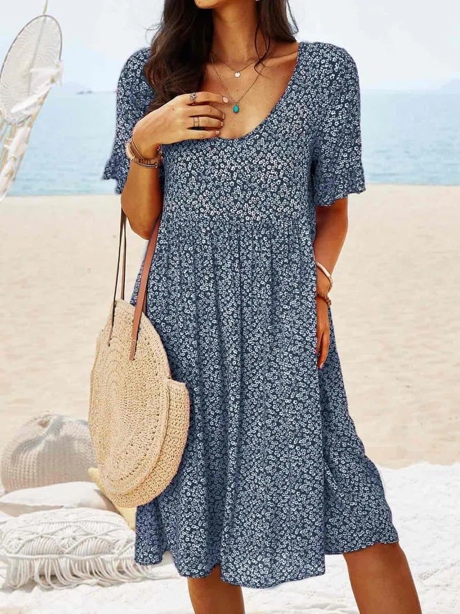 Women Floral Midi Dress Loose Fit Round Neck Elegant Design