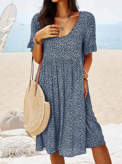 Women Floral Midi Dress Loose Fit Round Neck Elegant Design
