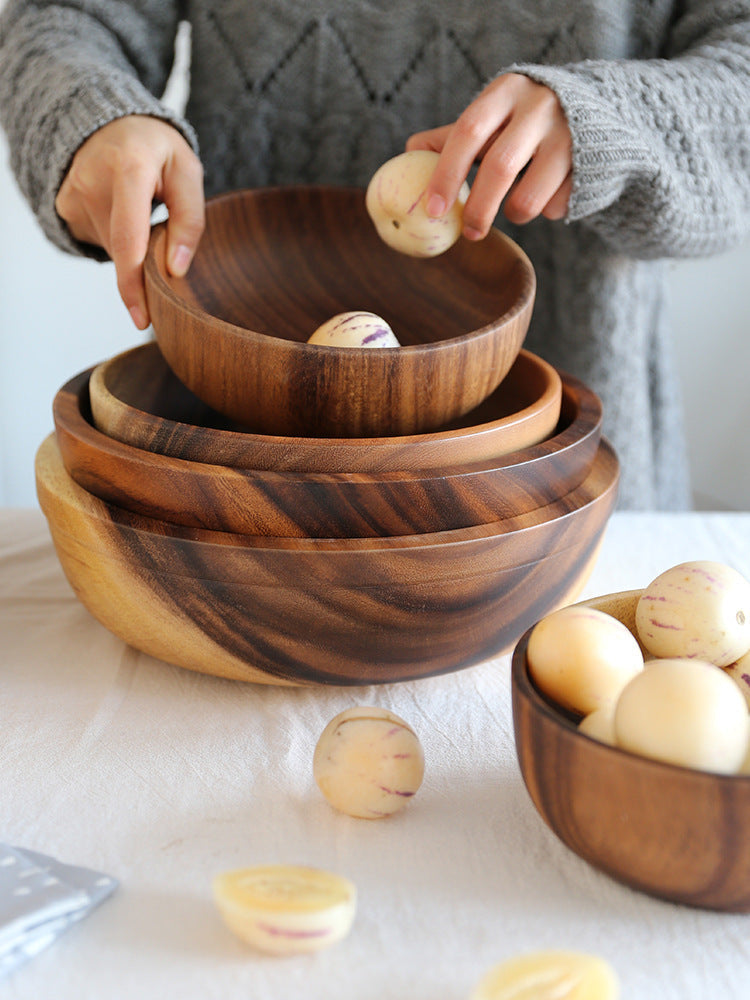 Natural Wooden Bowl For Kitchen Fruit Salad And Food Serving