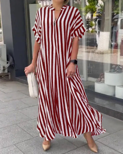 V-neck Shirt Dress Stripe Print Casual Elegant Summer Wear