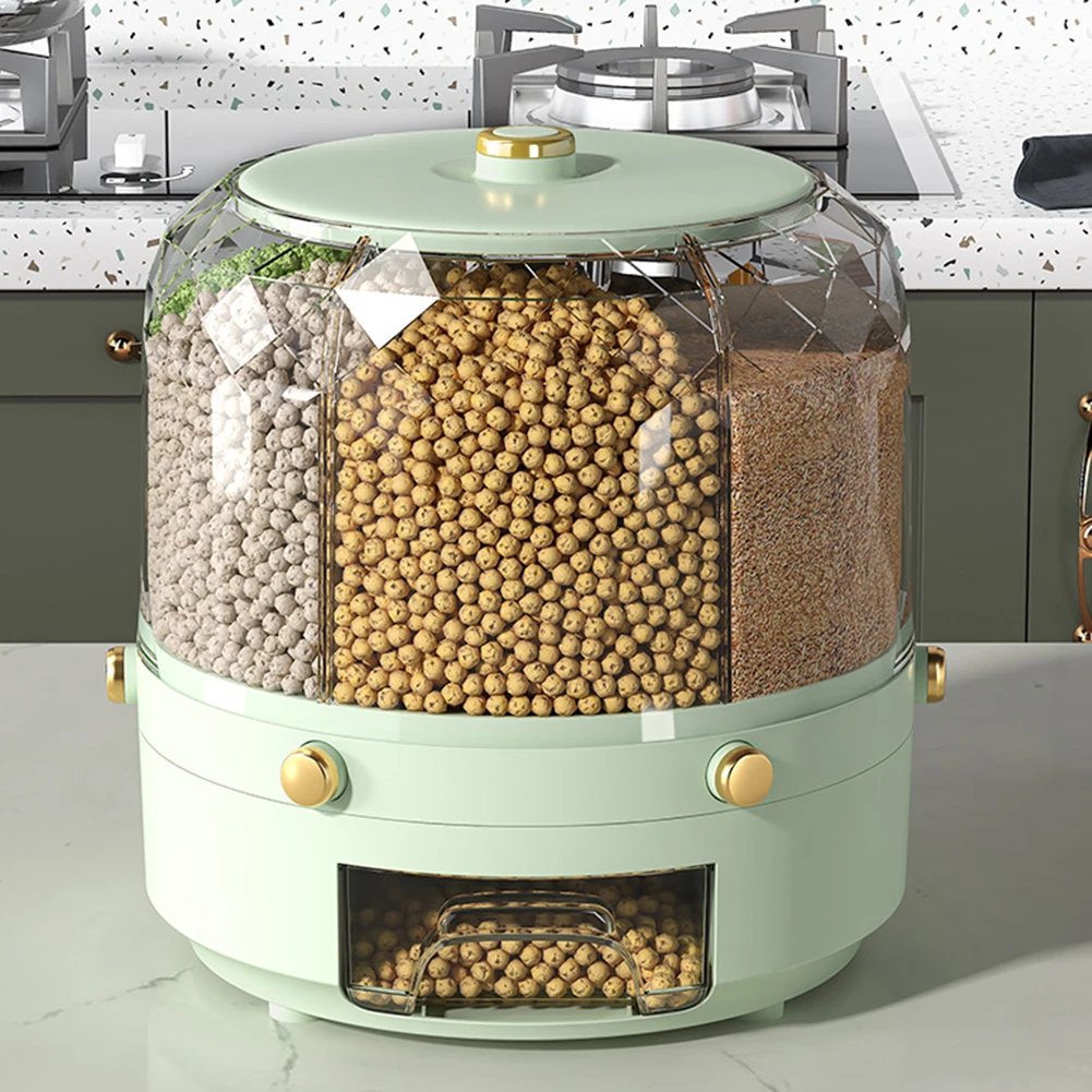 Rotating Grain Dispenser With 360 Degree Multi Compartment Storage
