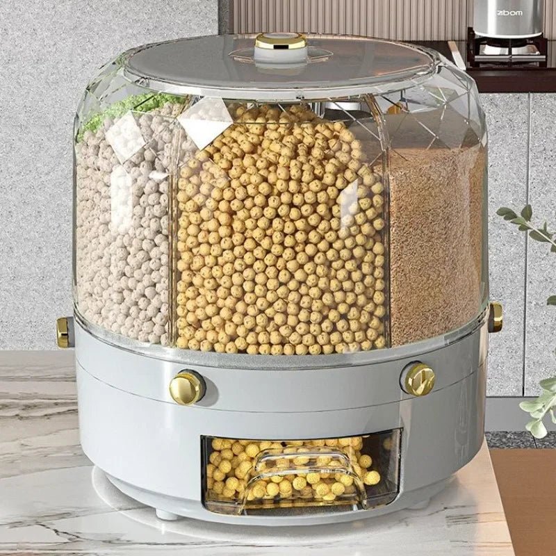 Rotating Grain Dispenser With 360 Degree Multi Compartment Storage