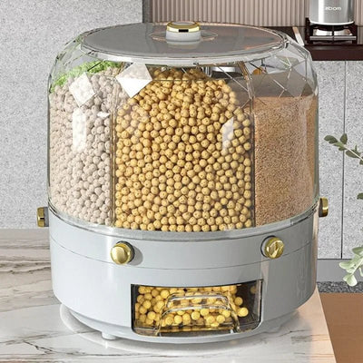 Rotating Grain Dispenser With 360 Degree Multi Compartment Storage