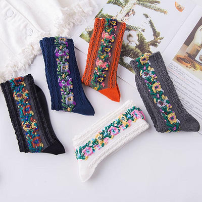 Vintage Embroidered Floral Socks Elegant Comfortable Cotton Blend