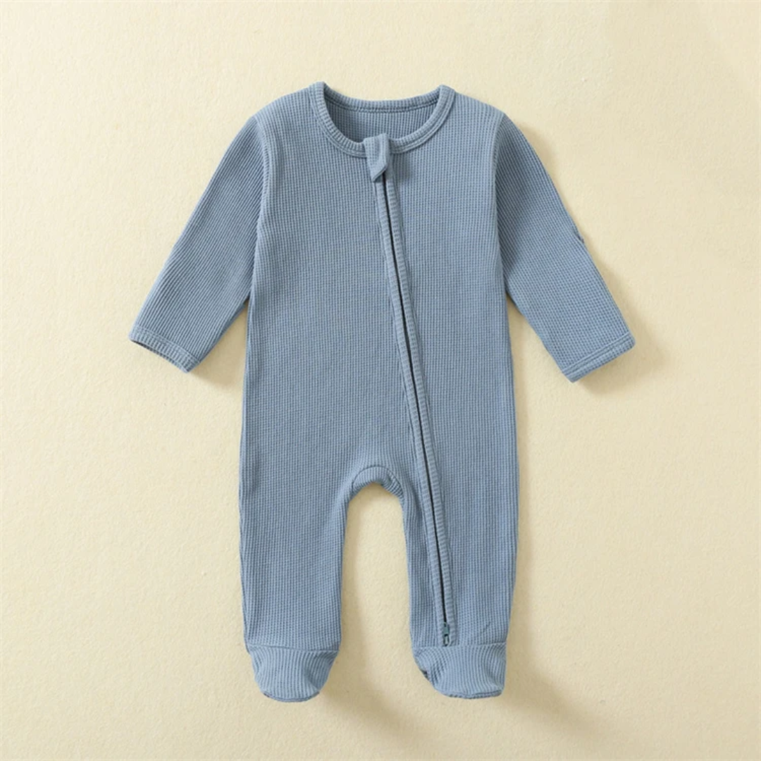 Organic Waffle Cotton Romper With Zipper For Babies