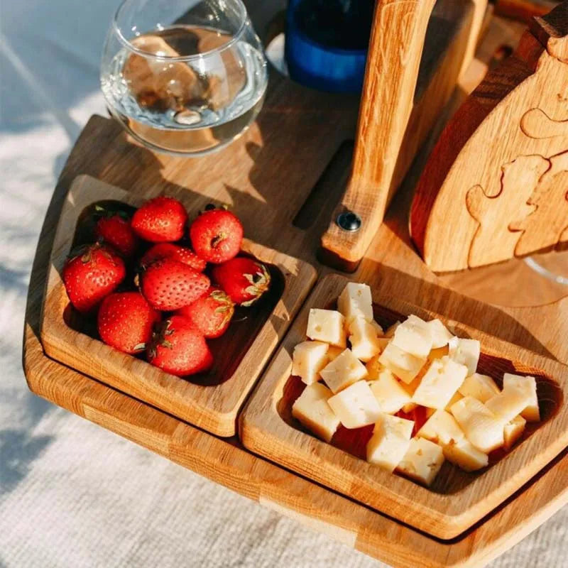 Foldable Wooden Wine Picnic Table Round Outdoor Snack Tray With Holders