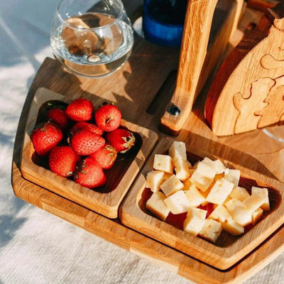 Foldable Wooden Wine Picnic Table Round Outdoor Snack Tray With Holders