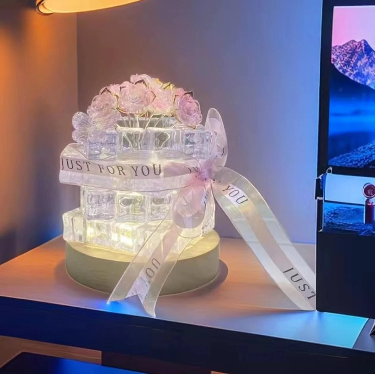 DIY Rose LED Night Light Handmade Tulip Lamp Mirror Decor Gift